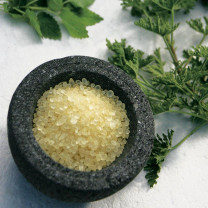 Mastic gum in a mortar and pestle bowl